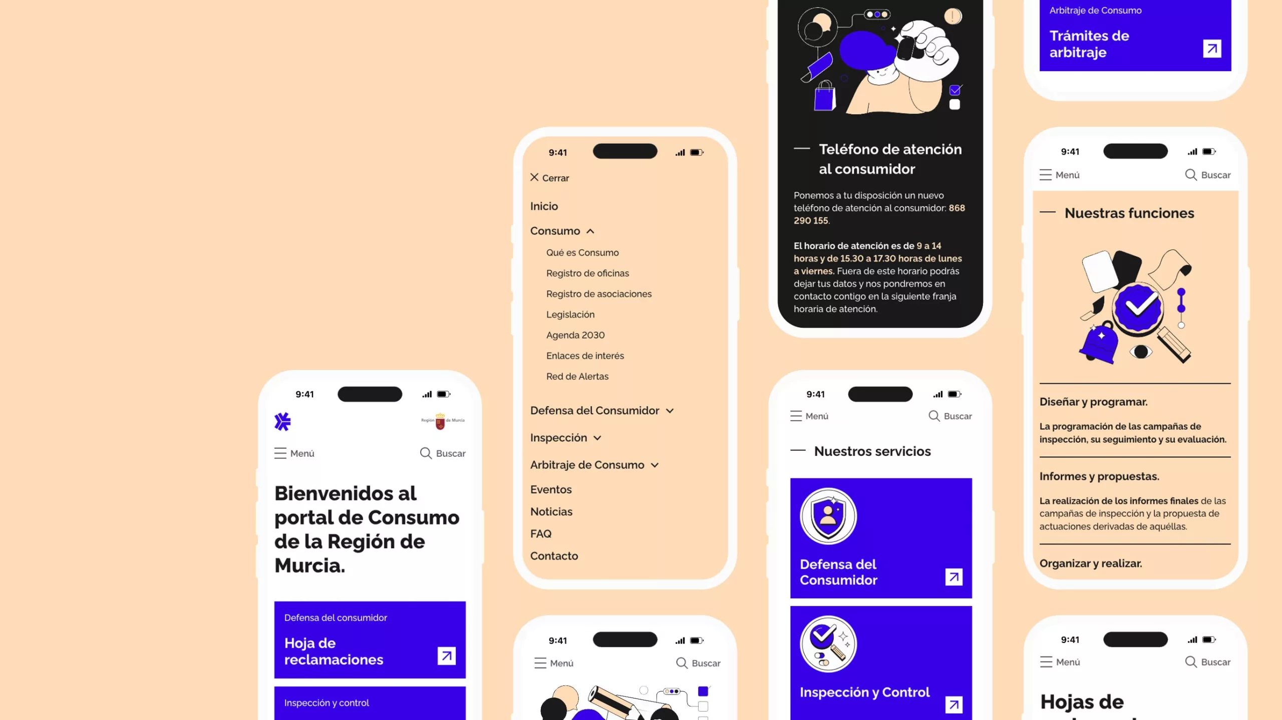 Varias pantallas de la web del portal de Consumo en versión móvil